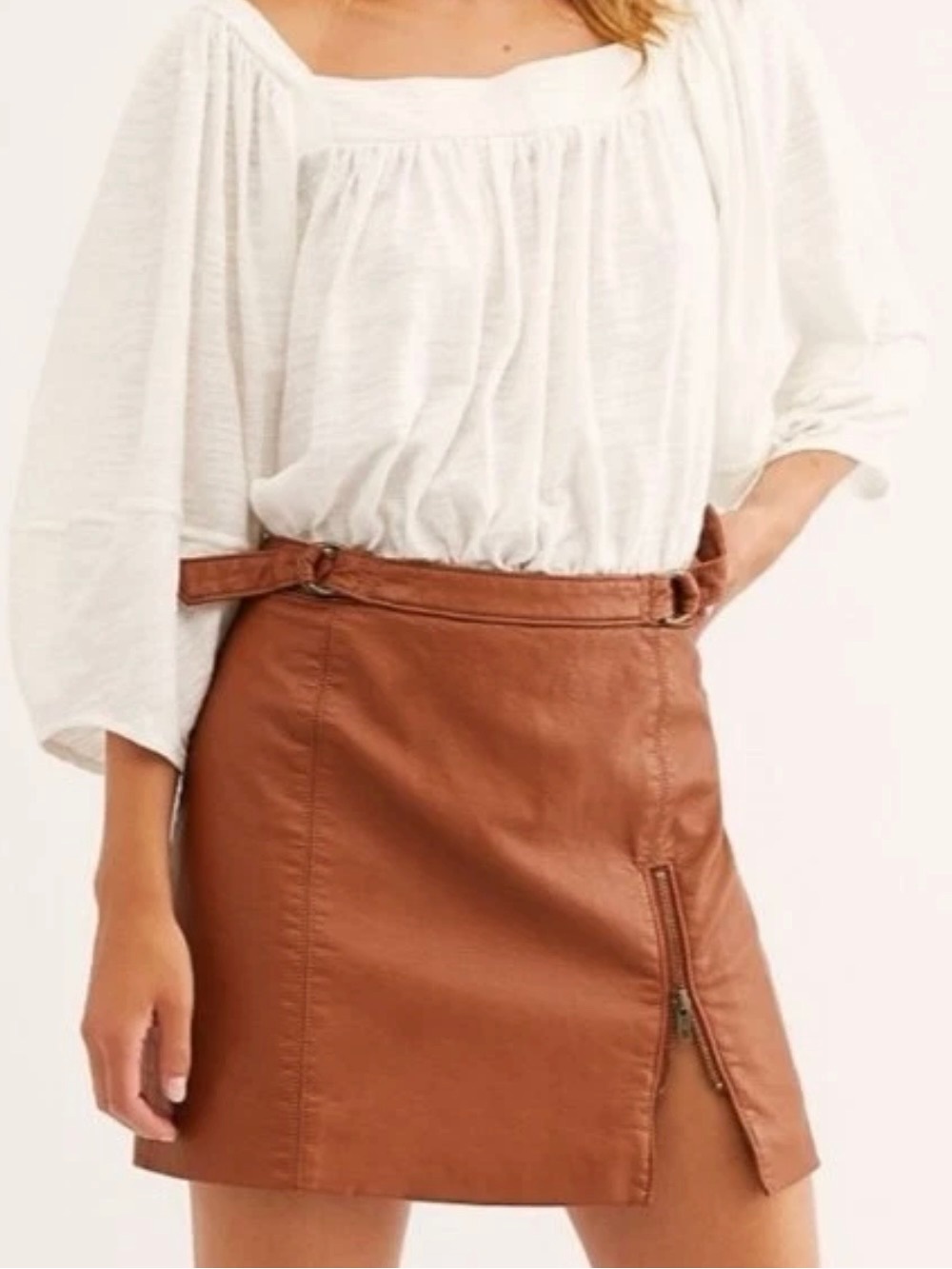 Free People Womens Sz 4 Fall Autumn Tan Camel Faux Leather Mini Skirt Zipper NEW
